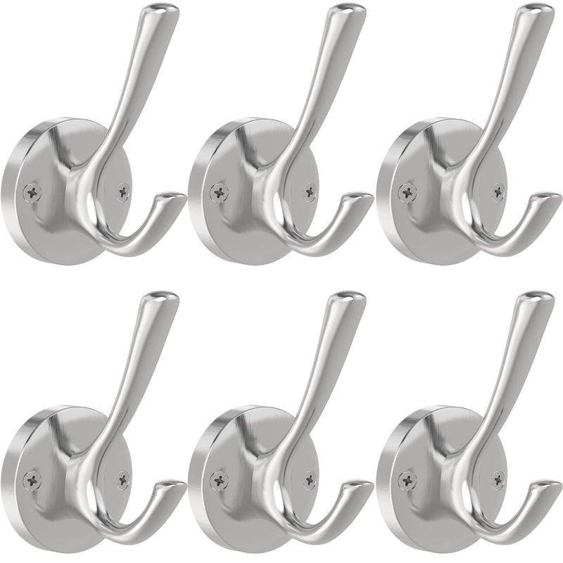 TOFIIGREM Brushed Nickel Wall Hooks  6 Pack Coat Robe Hook Heavy Duty Metal Double Bath Hook Wall Mounted  Hand Towel Hooks for Cubicle Bathroom Kitchen Closet Garage - Image 1